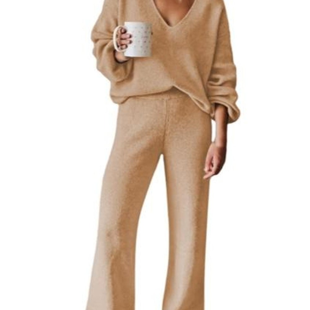 Pink Queen Women's 2 Piece Sweater Set V Neck  Knit Top Wide Leg Pants
